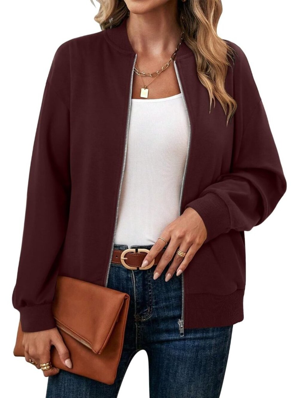🆕 Women's Coffee Brown Bomber Jacket Solid Zip Up Casual Lightweight Outerwear